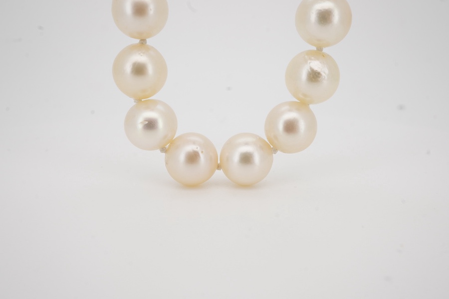 A single strand cultured pearl necklace, with Chinese 14k yellow metal clasp, 42cm. Condition - fair to good